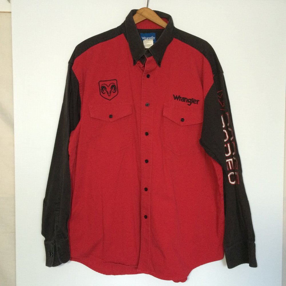 Wrangler Dodge Rodeo Ram Mens Embroidered Button Shirt XL Red Black Long Sleeve